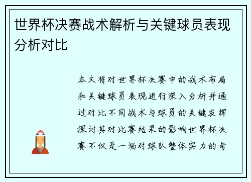 世界杯决赛战术解析与关键球员表现分析对比