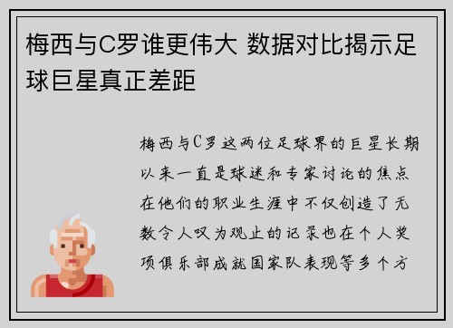 梅西与C罗谁更伟大 数据对比揭示足球巨星真正差距 梅西与C罗谁更伟大 数据对比揭示足球巨星真正差距